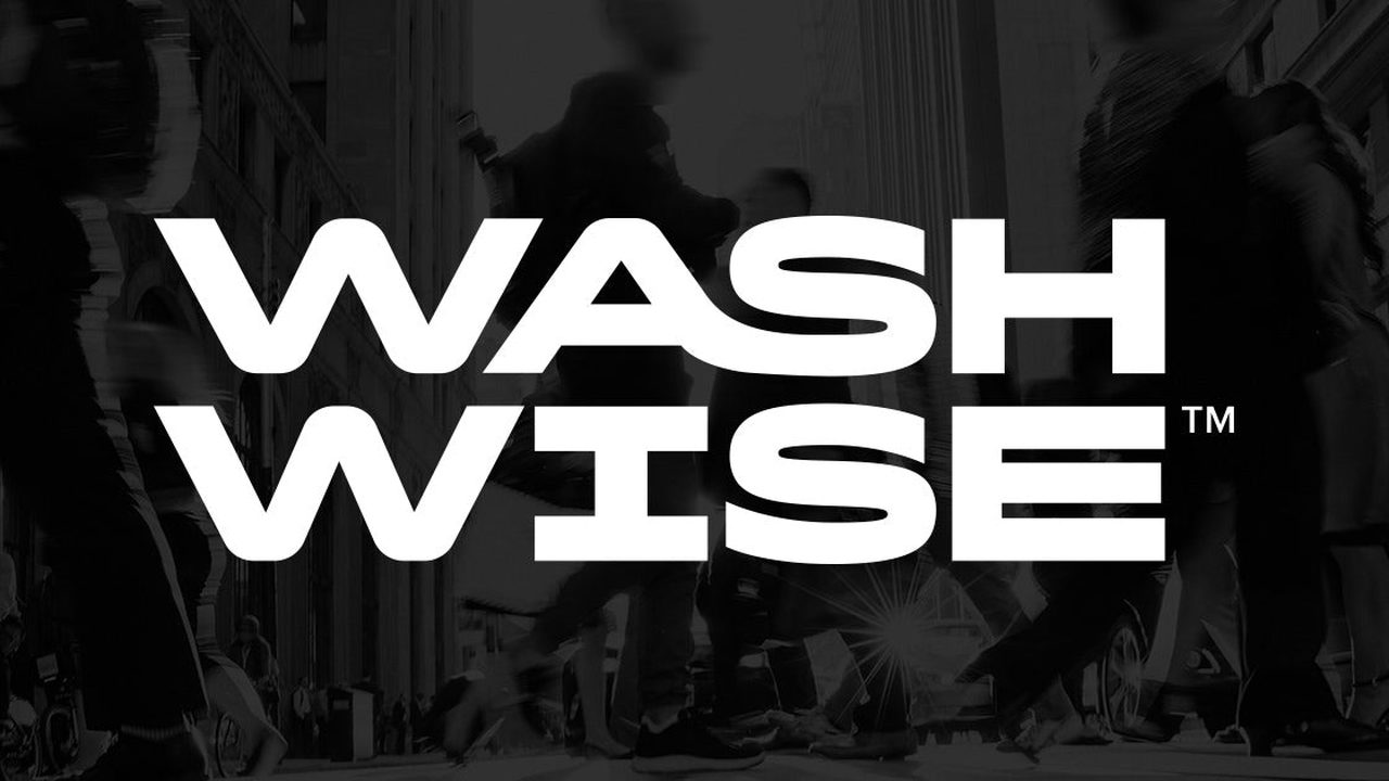 The WashWise wordmark over a black and white photograph